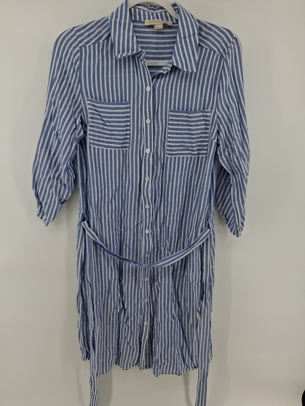 Monteau Blue & White Vertical Stripe Shirt Dress with Tie